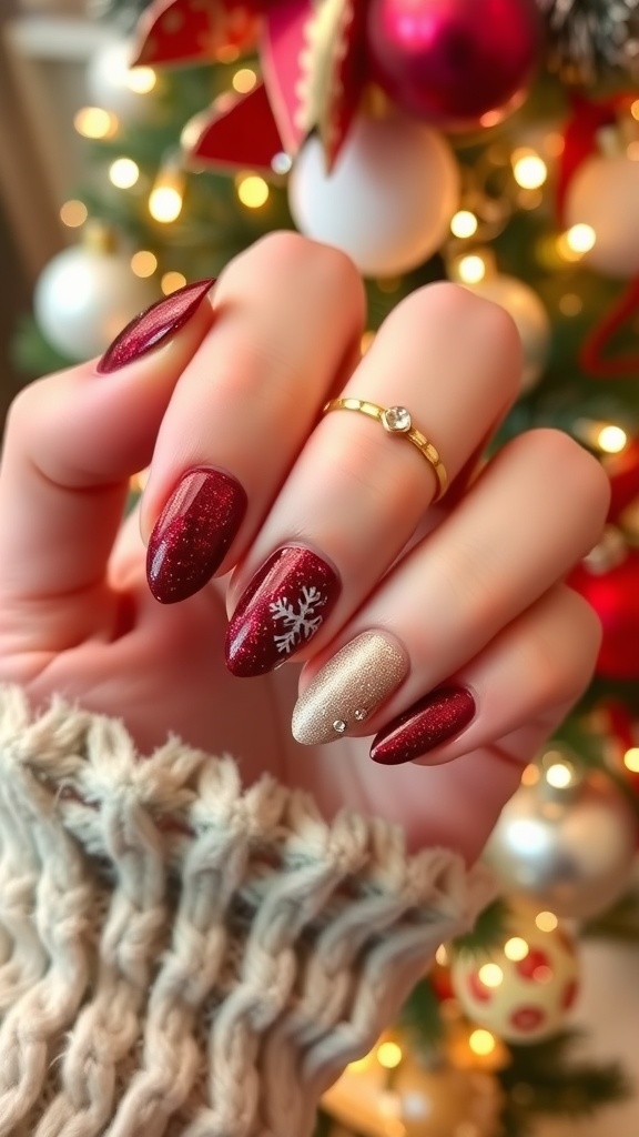 Elegant Christmas nail designs with red and gold glitter, featuring snowflake patterns.